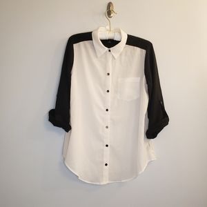 IZ Byer Button-Up Collared Blouse, Black & White, Size L, Baseball Tee Style
